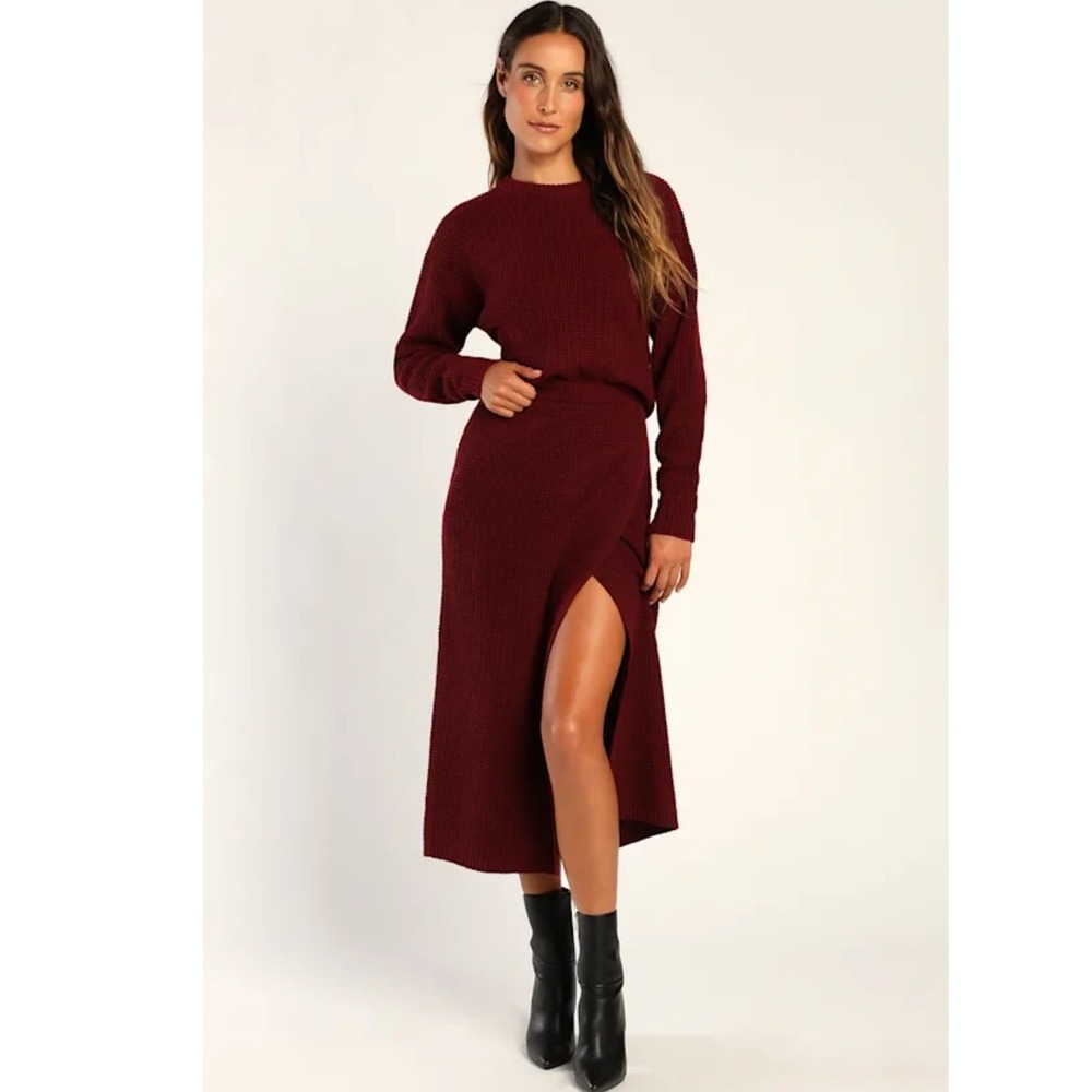 Lulus Autumn Sweetheart Burgundy Waffle Knit Two-Piece Sweater Dress Wrap Skirt